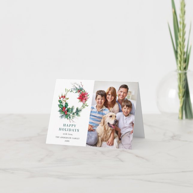 Cartão De Festividades 2 FOTO Grinalda de Natal Holly Poinsettia Saudação (Frente)