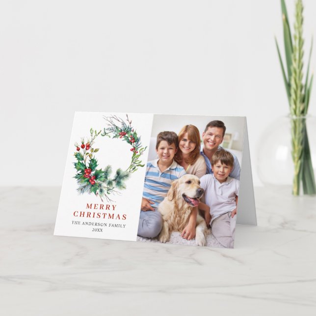 Cartão De Festividades 2 FOTO Holly Berry Wreath Natal Saudação (Frente)