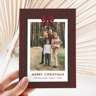 Cartão De Festividades 2 Foto Natal Retro Laço Vermelho Listras Verdes