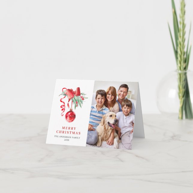 Cartão De Festividades 2 FOTO Ornamento Vermelho Elegante Saudação de Nat (Frente)