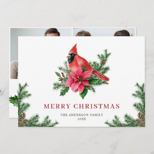 Cartão De Festividades 2 FOTO Poinsettia Vermelha Cardeal Saudação de Nat