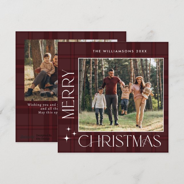 Cartão De Festividades 2 Foto Retro Xadrez de Natal Saudação (Frente/Verso)