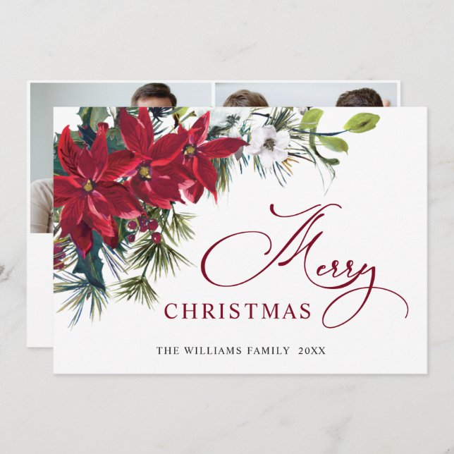 Cartão De Festividades 2 FOTO Saudação de Natal Elegante Poinsettia (Frente/Verso)