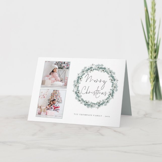 Cartão De Festividades 2 Fotografia Script Teal Foliage Wreath Feliz Nata (Frente)