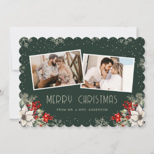 Cartão De Festividades 2 Fotos Botânico Verde Feliz Natal Recém-Casados