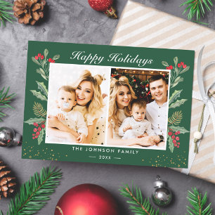 Cartão De Festividades 2 Fotos Felizes Férias Holly Berries Natal