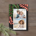 Cartão De Festividades 2 fotos minimamente modernas - preto no coral botâ<br><div class="desc">Um moderno cartão com fotos de Natal Feliz com folhas e bagas botânicas - verde, branco e azeitona. A design moderna inclui ramos de eucalipto e bagas e serifas de sans para a parte principal do texto. Adicione 2 fotos. A saudação está em uma escrita moderna rustica. As costas incluem...</div>