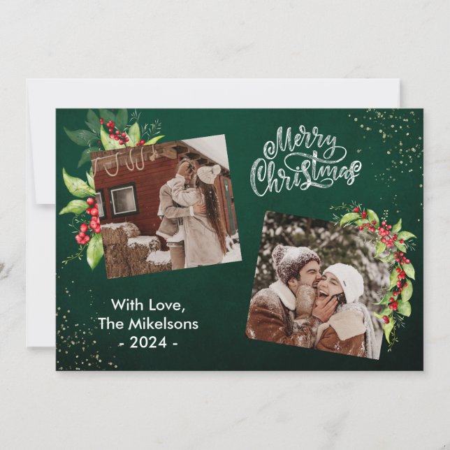 Cartão De Festividades 2 Fotos Saudações de Fim de Ano Azevinho Natal (Frente)