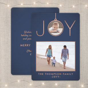 Cartão De Festividades 2 Marinho Moderno Elegante de Joy Ornament e Cobre