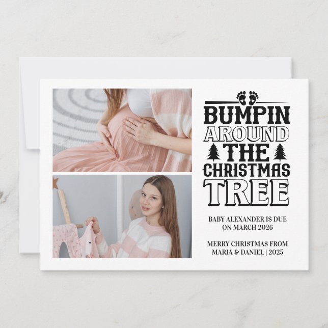 Cartão De Festividades 2 Photo Christmas Tree Pregnancy Announcement (Frente)