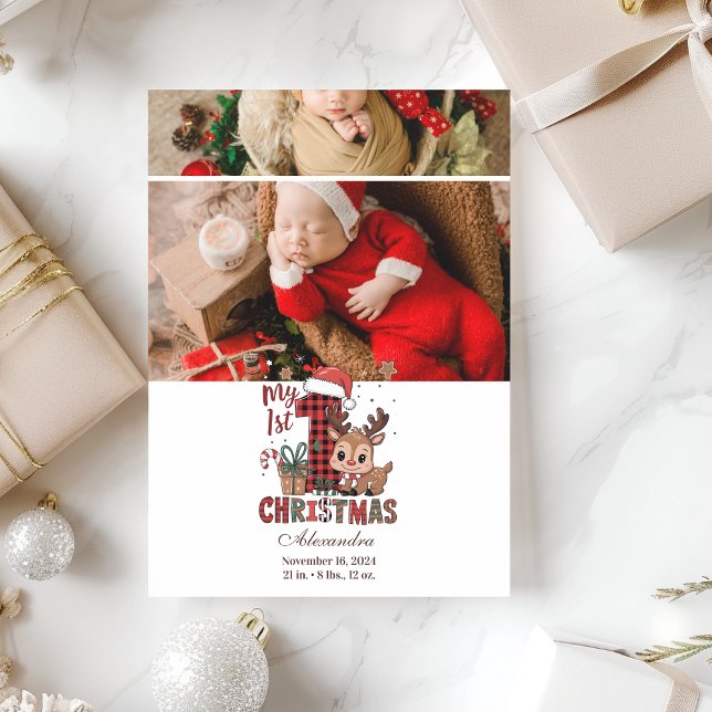 Cartão De Festividades 2 Photo Plaid Reindeer First Christmas (Criador carregado)