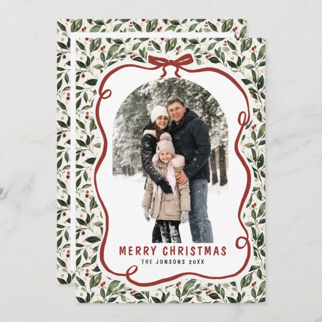 Cartão De Festividades 2 Photo Retro Christmas Hand Drawn Red Bow Ribbon (Frente/Verso)