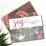 Cartão De Festividades 2 rosa de Saudação de Joy Script de Colagem de Fot<br><div class="desc">Sombras de folhas botânicas verdes com rosa vermelho-bagas - Um design com duas colagens fotográficas na frente e um padrão botânico moderno no verso. A saudação é uma grande fonte festiva que é moderna e rústica. Personalize-o com 2 fotos e nome de família.</div>