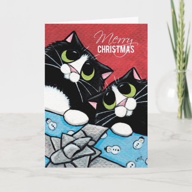 Cartão De Festividades 2 Tuxedo Cats and a Xmas Present Christmas Card (Frente)