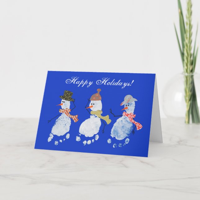 Cartão De Festividades 3 Baby Footprint Snowmen - Happy Holidays! (Frente)