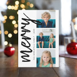 Cartão De Festividades 3 Colagem de fotos Mínima Seja Feliz preto<br><div class="desc">Uma feliz e um cartões de natal brilhante com uma saudação de caligrafia rustica. Um sentimento moderno do século médio com um padrão geométrico nas costas. Este design não tradicional é uma nova abordagem que fará com que suas fotos da família se destaque.</div>