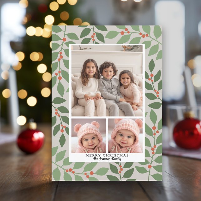 Cartão De Festividades 3 Colagem de Fotos Saudação Moderna da Estação Bot (Modern Christmas Photo Greeting Card)