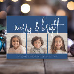 Cartão De Festividades 3 Colagem de Fotos Script branco azul Feliz Brilho<br><div class="desc">Uma feliz e um cartões de natal brilhante com uma fonte rustica de caligrafia. Um sentimento moderno do século médio com um padrão geométrico nas costas. Este design não tradicional é uma nova abordagem que fará com que suas fotos da família se destaque.</div>