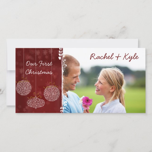 Cartão De Festividades 3 Enfeites Nosso Primeiro Natal Sua Foto (Frente)