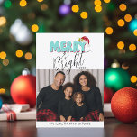 Cartão De Festividades 3 Feliz Retroativa de Fotografias da Família e Nat<br><div class="desc">Esta Feliz festiva & Brilhante foi criada usando uma fonte moderna divertida de escrita e minha letra de bloco escrita em um estilo retrô em azul claro e vermelho tocado com minha mão pintou o chapéu de Papai Noel com sombra e bagas para fazer sua foto familiar brilhar como estrela....</div>