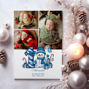 Cartão De Festividades 3 Foto Boneco de Neve Azul Primeiro Natal