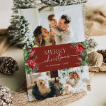 Cartão De Festividades 3 Foto Borgonha Vermelha Elegante Feliz Natal<br><div class="desc">Esta coleção apresenta florais vermelhos de aquarela,  bagas e verde de inverno com tipografia moderna e elegante,  com padrão botânico de inverno.</div>
