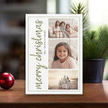 Cartão De Festividades 3 Foto: Caligrafia mínima moderna<br><div class="desc">Um design minimalista que inclui 3 fotos com uma caligrafia moderna rústica e um grande cartões de natal. O verso inclui um padrão lamacento de cor d'água.</div>