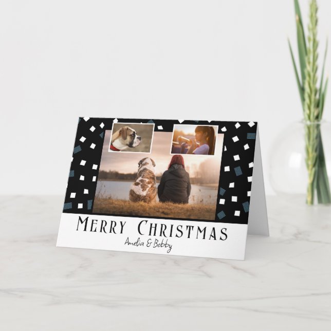Cartão De Festividades 3 Foto Colagem Moderna de Preto Natal Branco (Frente)