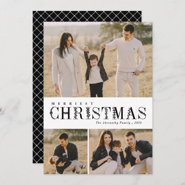 Cartão De Festividades 3 Foto Colagem Verde Letras de Natal Preto (Frente/Verso)