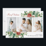 Cartão De Festividades 3 Foto Collage Natal<br><div class="desc">3 Cartão de Feriado de Colagem de Fotografias. Este belo cartão de férias de colagem fotográfica apresenta elegantes flores vermelhas aquáticas com groselhas ocas, pinecones, verde e uma colagem fotográfica de 3 fotos. A parte traseira da placa inclui trabalho de arte correspondente e uma mensagem para personalização. Localize itens correspondentes...</div>