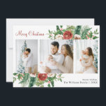 Cartão De Festividades 3 Foto Collage Natal<br><div class="desc">3 Cartão de Feriado de Colagem de Fotografias. Este belo cartão de férias de colagem fotográfica apresenta elegantes flores vermelhas aquáticas com groselhas ocas, pinecones, verde e uma colagem fotográfica de 3 fotos. A parte traseira da placa inclui trabalho de arte correspondente e uma mensagem para personalização. Localize itens correspondentes...</div>