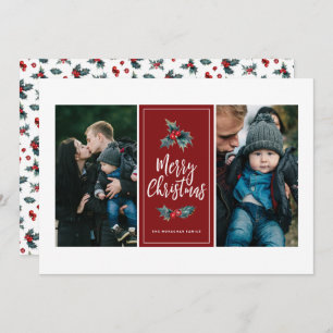 Cartão De Festividades 3 Foto Elegante Pintada Holly   Vermelho Natal