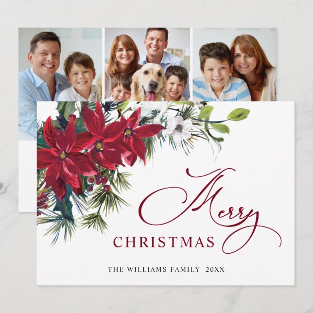 Cartão De Festividades 3 FOTO Elegante Saudação de Natal Poinsettia (Frente/Verso)