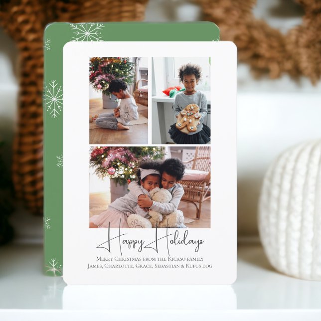 Cartão De Festividades 3 Foto Feliz Natal (3 Photo Happy Holidays Christmas Holiday Cards from Ricaso. Snowflake green and white pattern )