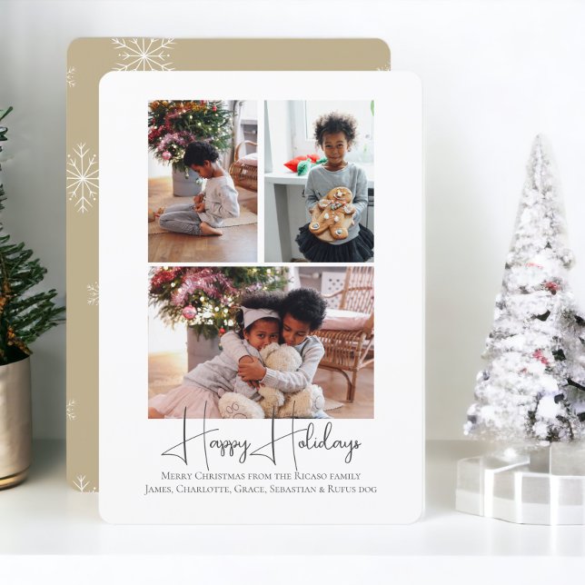 Cartão De Festividades 3 Foto Feliz Natal (3 Photo Happy Holidays Christmas Holiday Cards from Ricaso. Snowflake beige and white pattern )