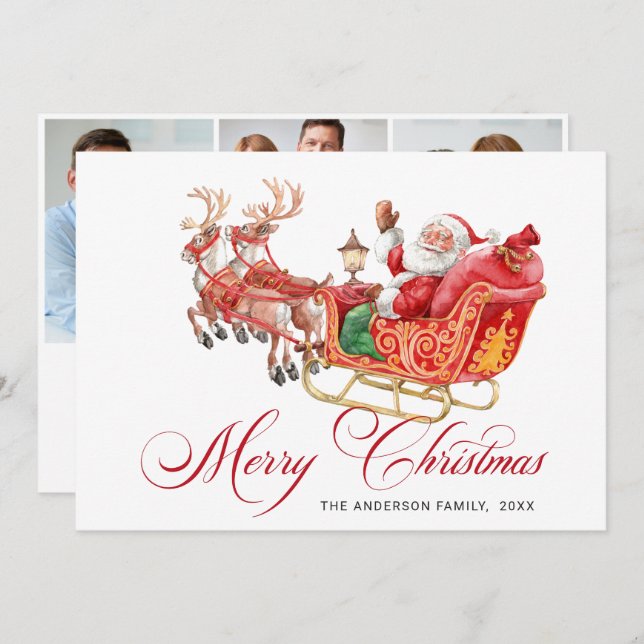 Cartão De Festividades 3 FOTO Festivo Trenó do Papai Noel Saudação de Nat (Frente/Verso)