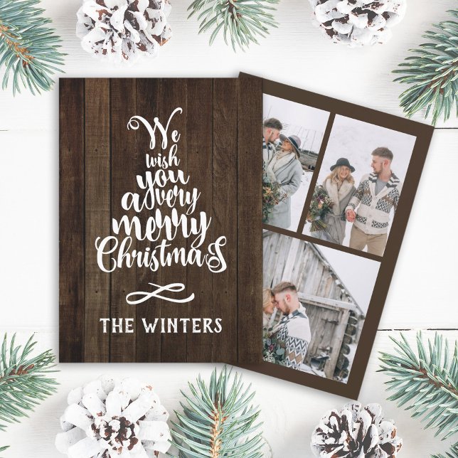 Cartão De Festividades 3 Foto Letreiro de Árvore de Natal em Madeira Rúst (Criador carregado)