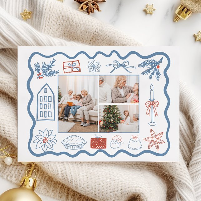 Cartão De Festividades 3 Foto Natal Doodle Line Art Holiday (Criador carregado)