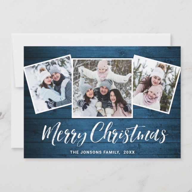 Cartão De Festividades 3 FOTO Natal Russo Blue Wood Saudação (Frente)