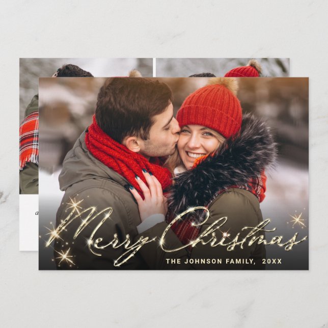 Cartão De Festividades 3 FOTO Ouro moderno Saudação de Natal (Frente/Verso)