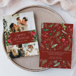 Cartão De Festividades 3 Foto Personalizada Mensagem Vermelha Botânica Na<br><div class="desc">Esta coleção apresenta florais vermelhos de aquarela,  bagas e verde de inverno com tipografia moderna e elegante,  com padrão botânico de inverno.</div>