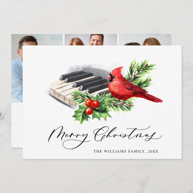Cartão De Festividades 3 FOTO Red Cardeal Holly Berry Natal (Frente/Verso)