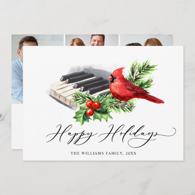 Cartão De Festividades 3 FOTO Red Cardeal Holly Berry Natal (Frente/Verso)