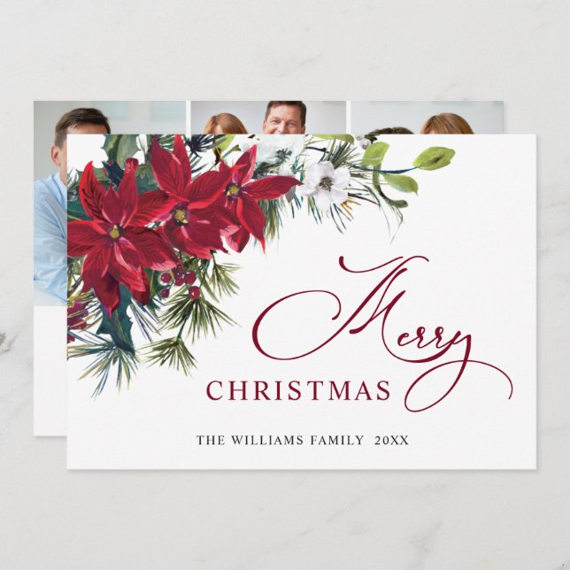 Cartão De Festividades 3 FOTO Saudações de Natal com Poinsettia Elegante (Frente/Verso)