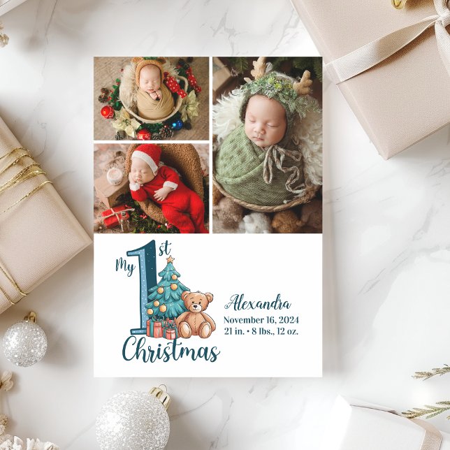 Cartão De Festividades 3 Foto Ursinho Azul Bebê 1 rua Natal (Criador carregado)