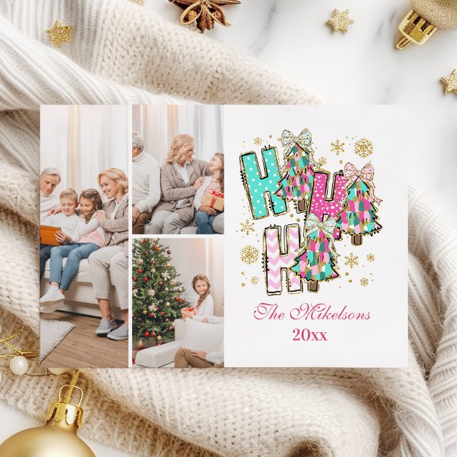 Cartão De Festividades 3 Foto Whimsical Ho Ho Ho Família Natal (Criador carregado)