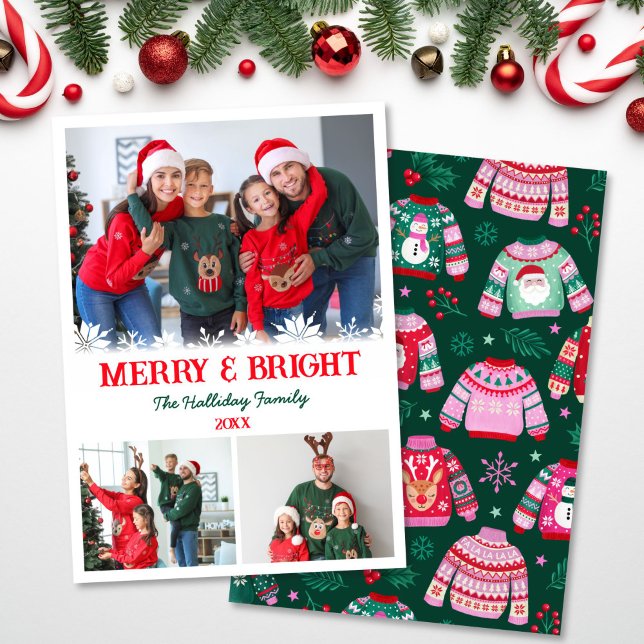 Cartão De Festividades 3 Fotografia Colagem Feia Doce Natal (3 Photo Collage Ugly Sweater Christmas Holiday Card)