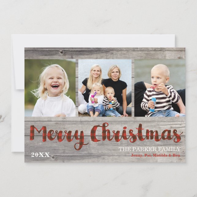 Cartão De Festividades 3 Fotografias Rustic Christmas Wood and Xadrez Fla (Frente)