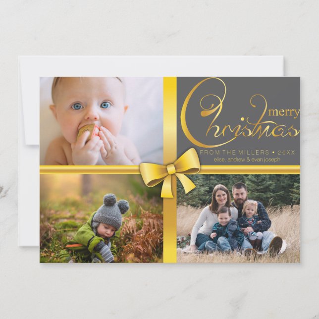 Cartão De Festividades 3 Fotografias vermelhas de Natal editáveis (Frente)