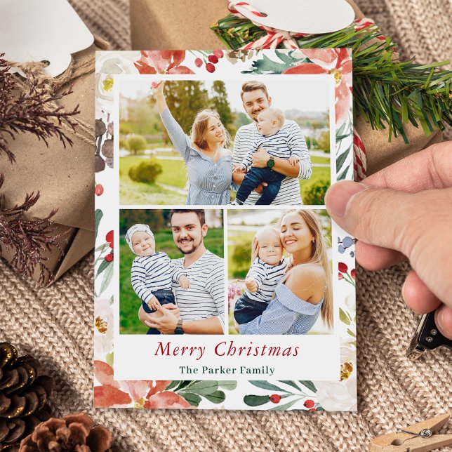 Cartão De Festividades 3 Fotos Colagem Feliz Natal Poinsettia Floral (Criador carregado)